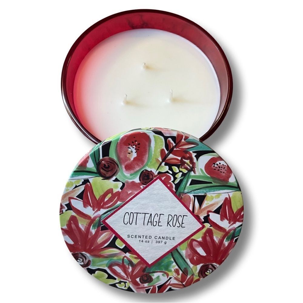 Fresh Cut Cottage Rose Scented Triple Wick Candle w/ Decorative Tin Lid